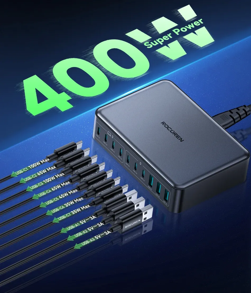 Rocoren 400W GaN Fast Charger Desktop Power Station, 10-Port USB-C PD & USB-A Charger for MacBook Pro, iPhone 16/17 Pro Max, Laptops, Tablets, Fast Charging Hub showcase 6
