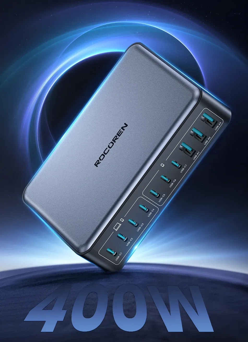 Rocoren 400W GaN Fast Charger Desktop Power Station, 10-Port USB-C PD & USB-A Charger for MacBook Pro, iPhone 16/17 Pro Max, Laptops, Tablets, Fast Charging Hub showcase 1