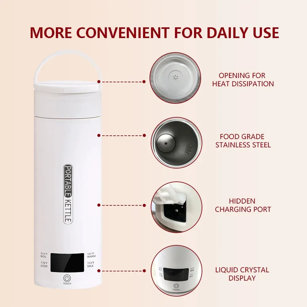 JFBONIN Portable Electric Kettle 500ml Travel Water Boiler - Fast Heating, Anti-Scald, English Menu, Celsius Display for Tea & Coffee thumbnail 6