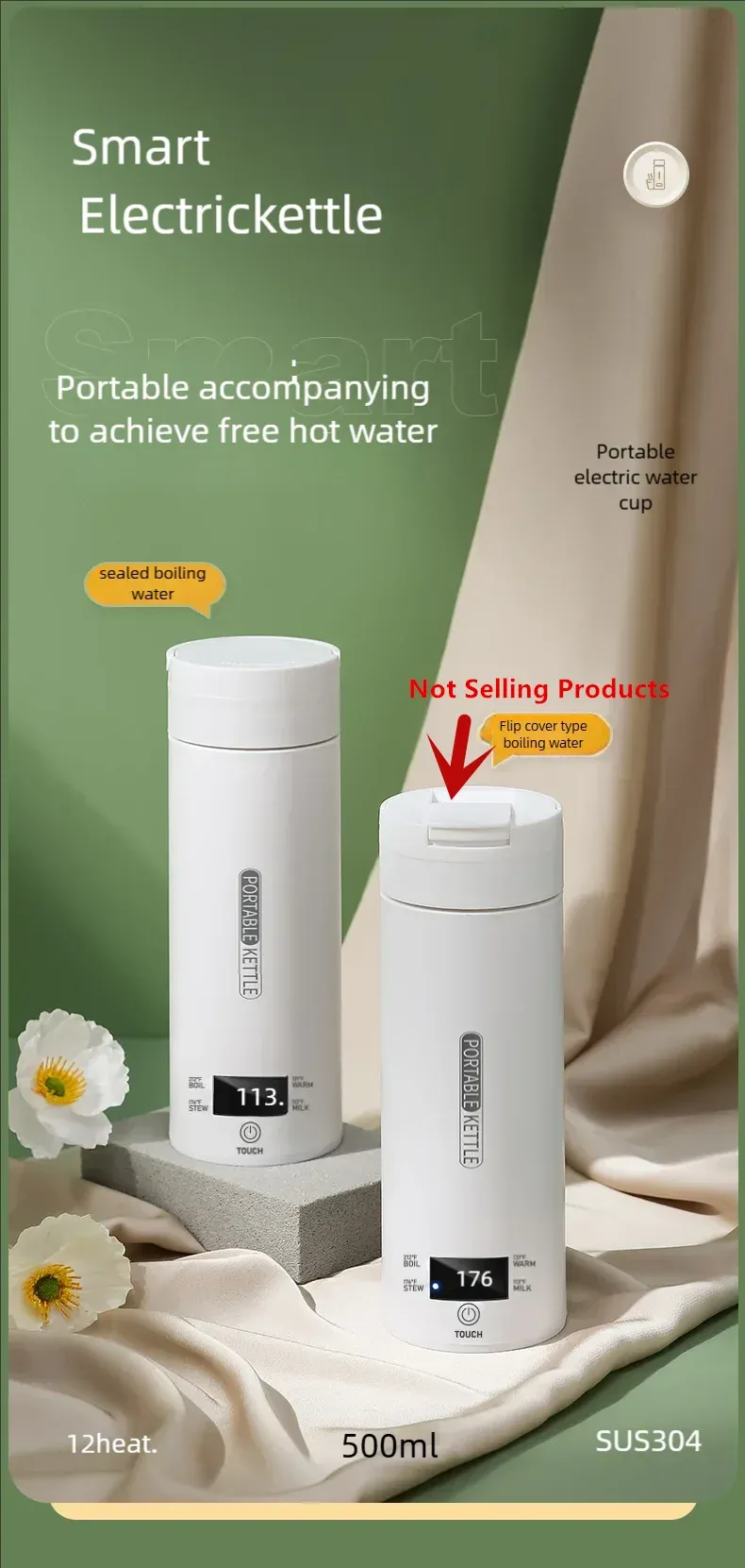 JFBONIN Portable Electric Kettle 500ml Travel Water Boiler - Fast Heating, Anti-Scald, English Menu, Celsius Display for Tea & Coffee showcase 2