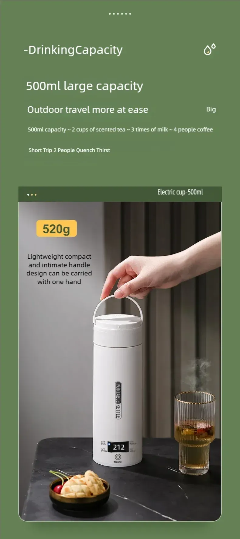 JFBONIN Portable Electric Kettle 500ml Travel Water Boiler - Fast Heating, Anti-Scald, English Menu, Celsius Display for Tea & Coffee showcase 11