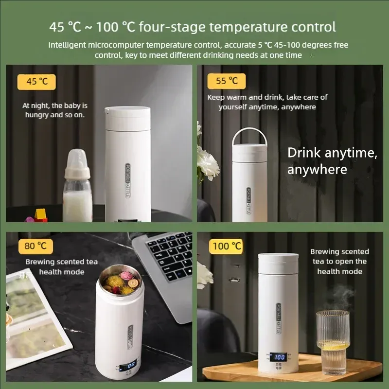 JFBONIN Portable Electric Kettle 500ml Travel Water Boiler - Fast Heating, Anti-Scald, English Menu, Celsius Display for Tea & Coffee thumbnail 4