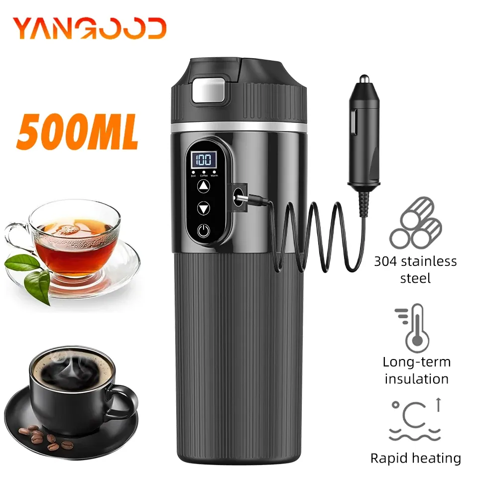 12V/24V 500ML Electric Heating Cup Kettle - 304 Stainless Steel Travel Water Heater Bottle with Auto Shut-Off, Fast Boiling for Car & Travel
