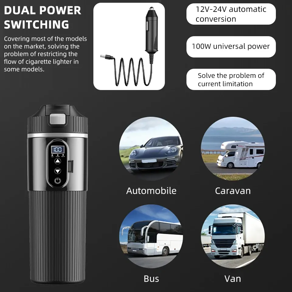 12V/24V 500ML Electric Heating Cup Kettle - 304 Stainless Steel Travel Water Heater Bottle with Auto Shut-Off, Fast Boiling for Car & Travel thumbnail 5