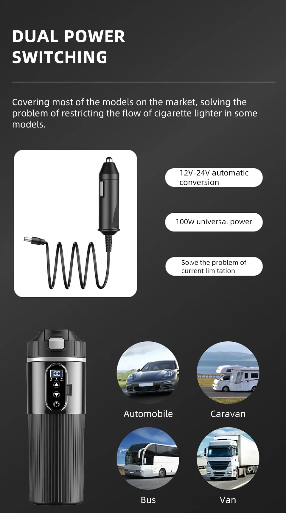 12V/24V 500ML Electric Heating Cup Kettle - 304 Stainless Steel Travel Water Heater Bottle with Auto Shut-Off, Fast Boiling for Car & Travel showcase 9