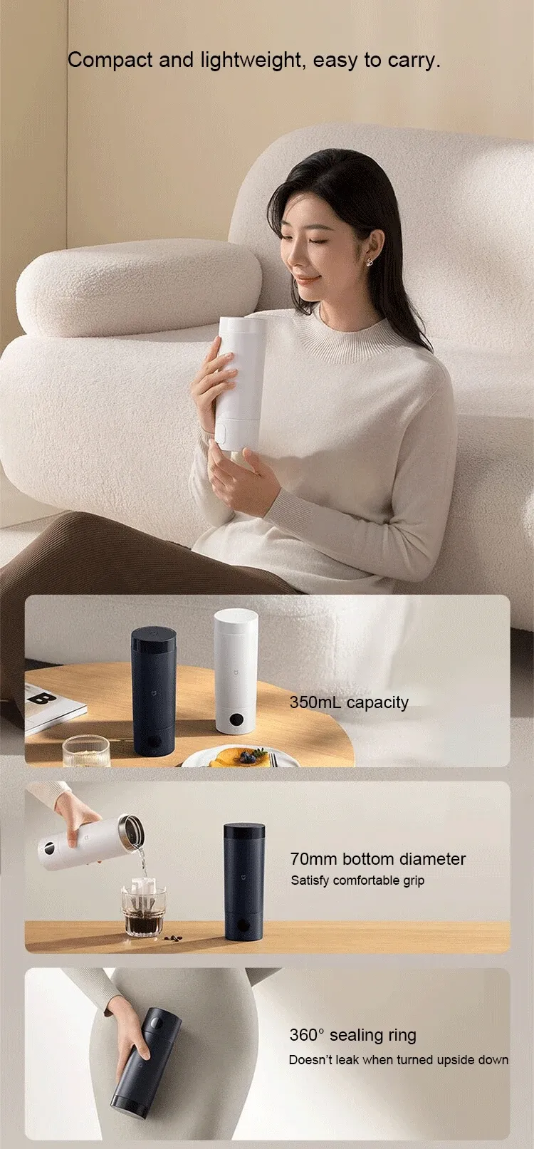 Xiaomi Mijia Portable Electric Kettle 2 - 350ml Smart Thermos Cup, Fast Water Boiler with 6 Temperature Settings, 300W, 12-Hour Keep Warm, 316L Stainless Steel, Travel Friendly, 110-220V Universal Voltage showcase 3