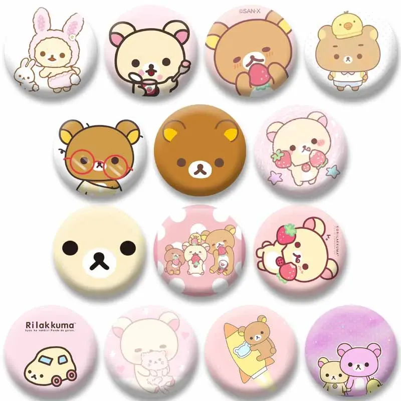 Cute Rilakkuma Bear Cartoon Button Pins Brooch Badge Accessory - 32mm/44mm/50mm/58mm Tinplate Coin Pins for Backpacks, Clothing, Collars - Fun Gifts for Kids & Friends