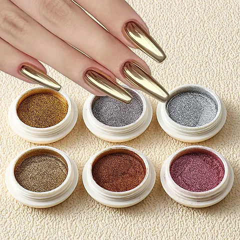 6pc Gold Metallic Mirror Glitter Nail Art Powder Set - Rose Gold, Silver, Pink Pigment for UV Gel Polish & Manicure Decoration