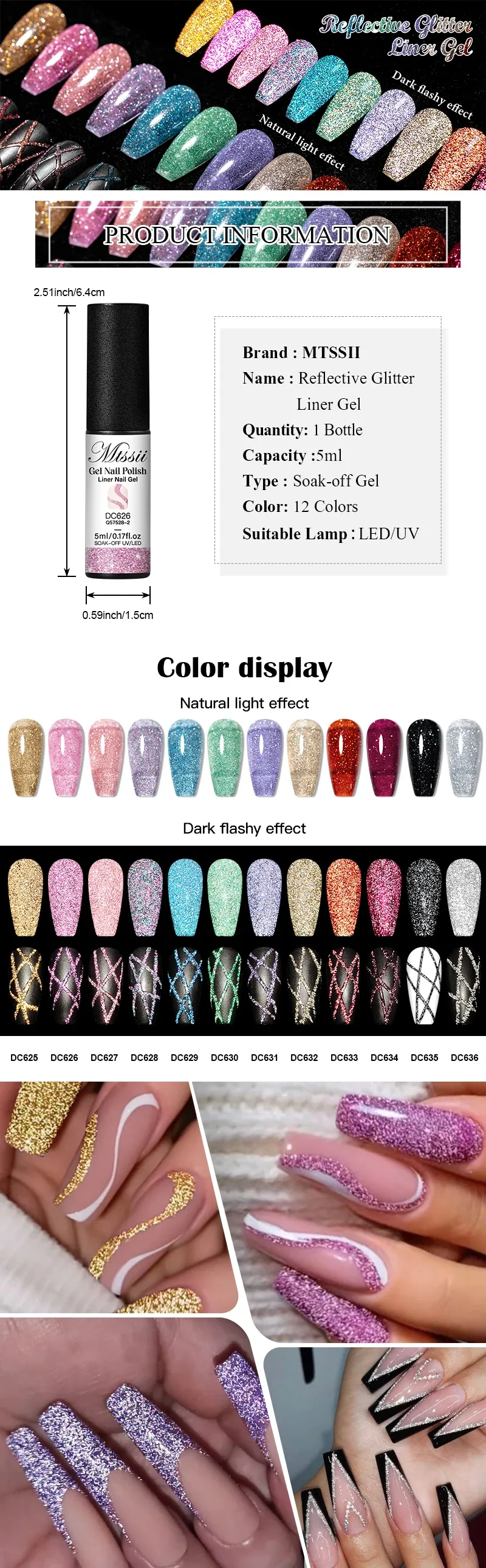 Mtssii 5ml Reflective Glitter Gel Nail Polish Set - 2/4/6pcs Pull Line Graffiti Painting Stripe DIY French Nails Design, Long-Lasting 3 Weeks, Professional Salon Quality for Manicures showcase 1