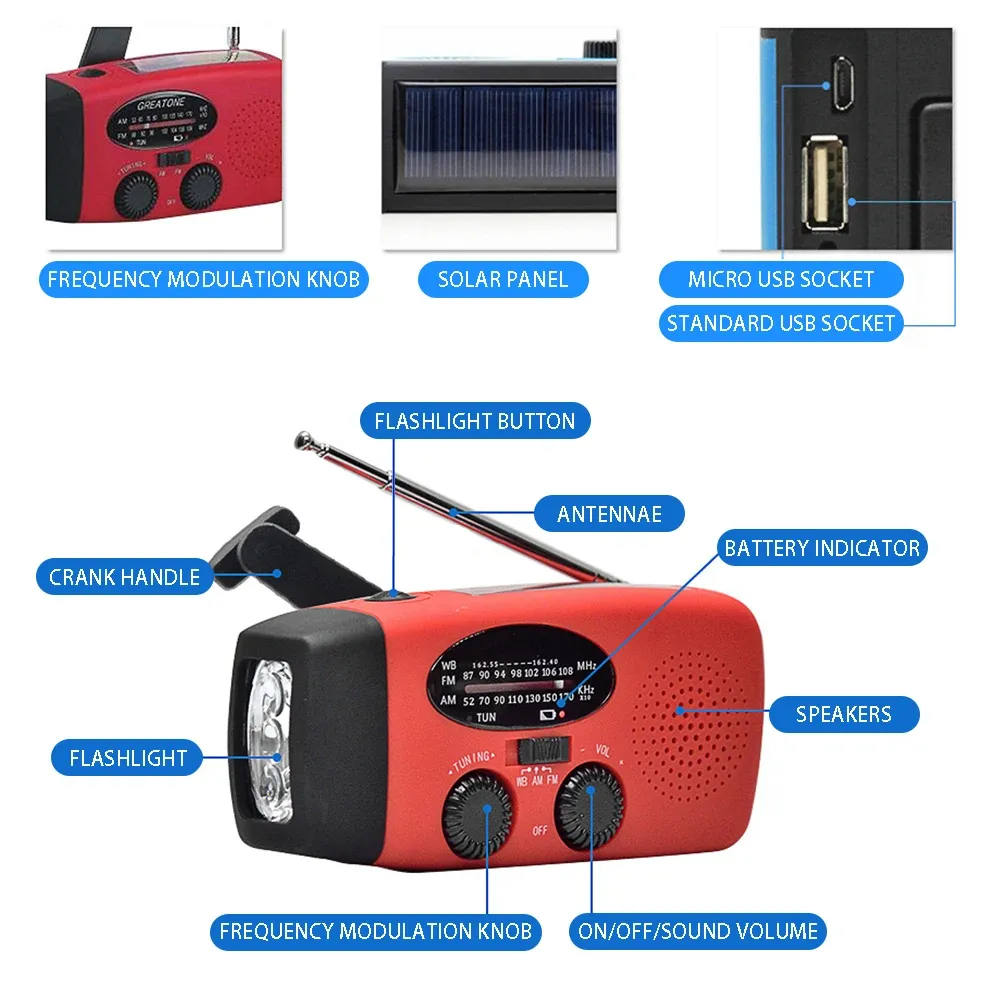 2000mAh Emergency Radio with LED Flashlight, Solar & Hand Crank Charging, AM/FM/NOAA Weather Band, USB Power Bank for Outdoor Travel & Emergencies showcase 5
