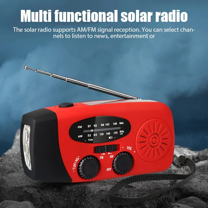 Portable Multifunctional Emergency Weather Radio with Solar Crank Dynamo, NOAA/AM/FM, LED Flashlight, and Power Bank for Outdoor Camping and Home Use