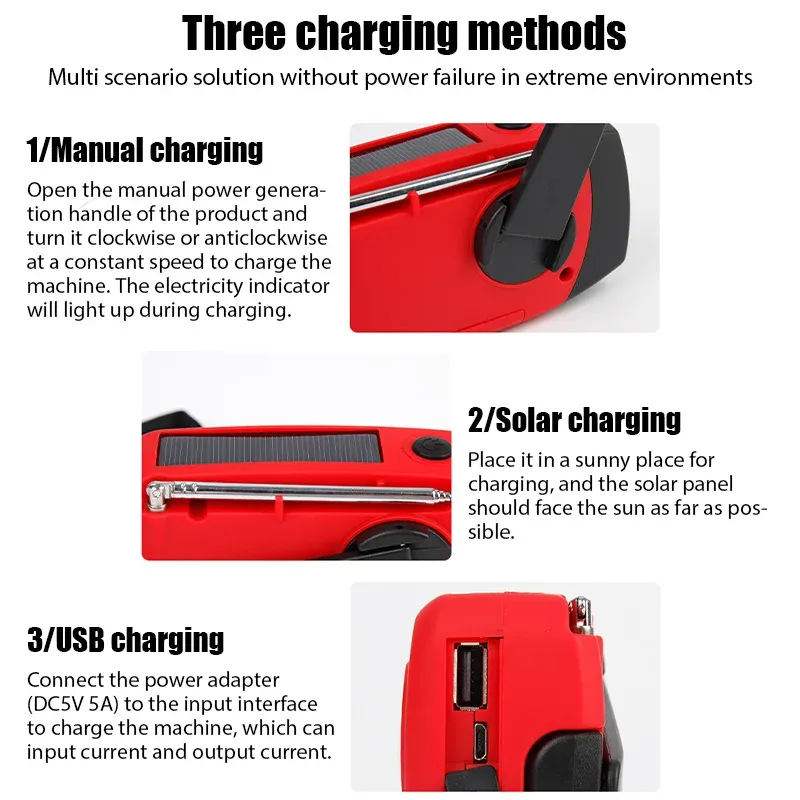 Portable Multifunctional Emergency Weather Radio with Solar Crank Dynamo, NOAA/AM/FM, LED Flashlight, and Power Bank for Outdoor Camping and Home Use thumbnail 5