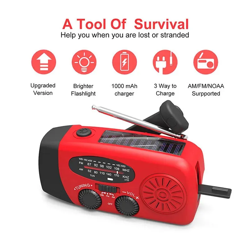 Portable Multifunctional Emergency Weather Radio with Solar Crank Dynamo, NOAA/AM/FM, LED Flashlight, and Power Bank for Outdoor Camping and Home Use showcase 2