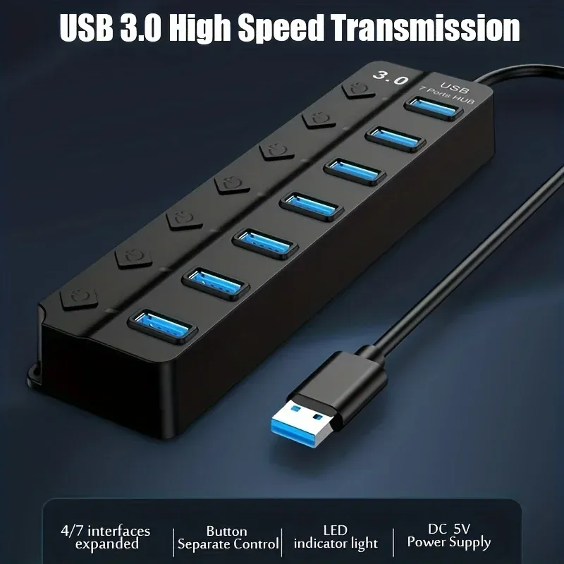 4/7-Port USB 3.0 Hub with Independent Switches & LED Indicators - Expand Connectivity for Laptops, Flash Drives, Hard Disks, Printers, Cameras, Keyboards thumbnail 4