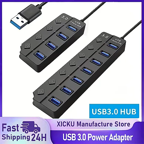 4/7-Port USB 3.0 Hub with Independent Switches & LED Indicators - Expand Connectivity for Laptops, Flash Drives, Hard Disks, Printers, Cameras, Keyboards
