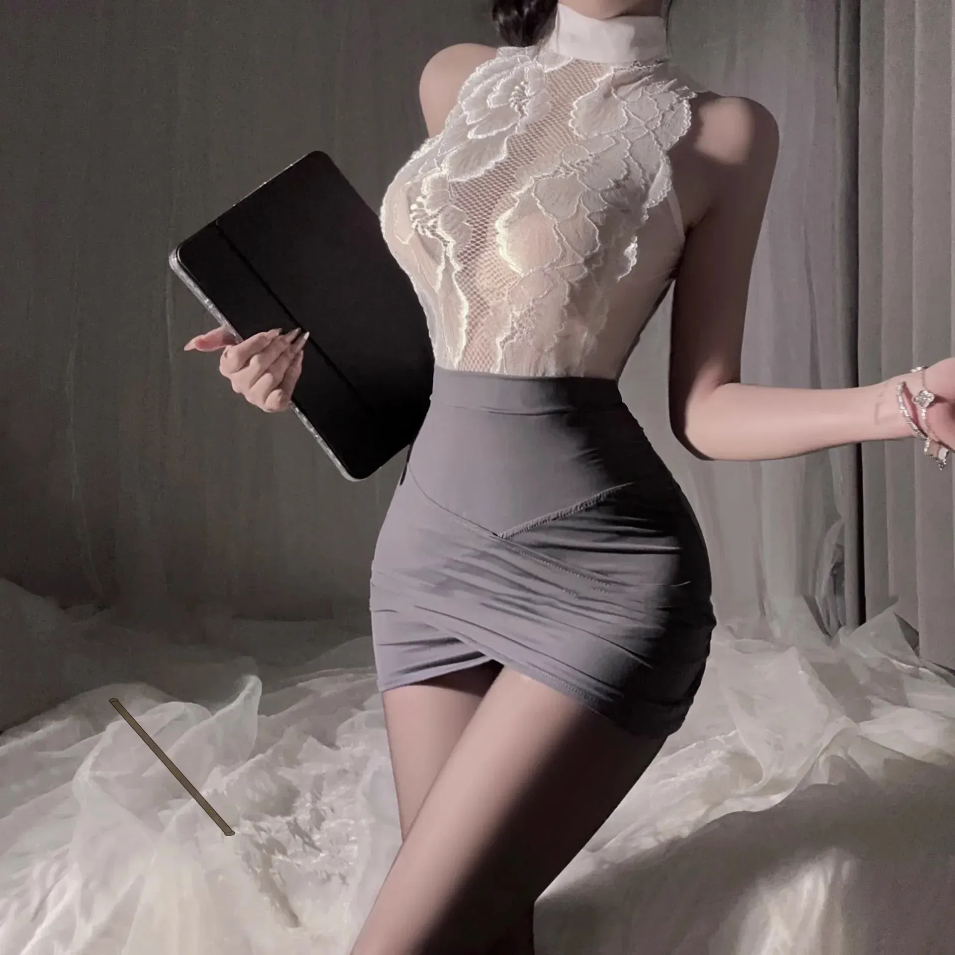 Women's Sexy Lingerie Stewardess Uniform Set - Role Play Costume for Adults, Lace Secretary Outfit, One Size Fits 40-65kg thumbnail 1