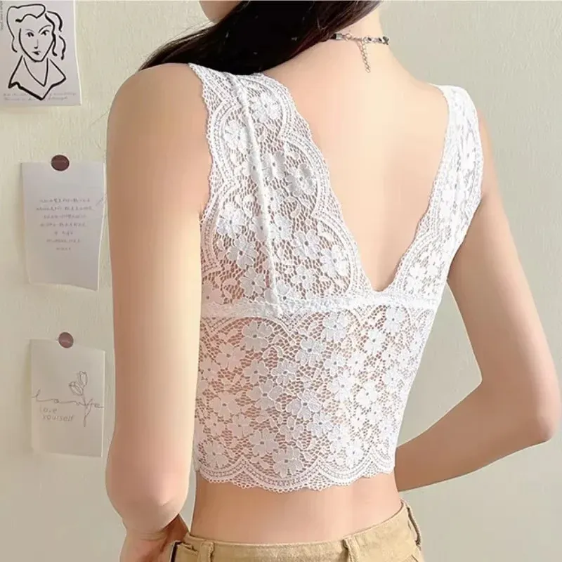 Women's Deep V Neck Lace Bralette Padded Camisole Tank Top - Sexy Wire-Free Lingerie with V-Back Design for Everyday Comfort thumbnail 3