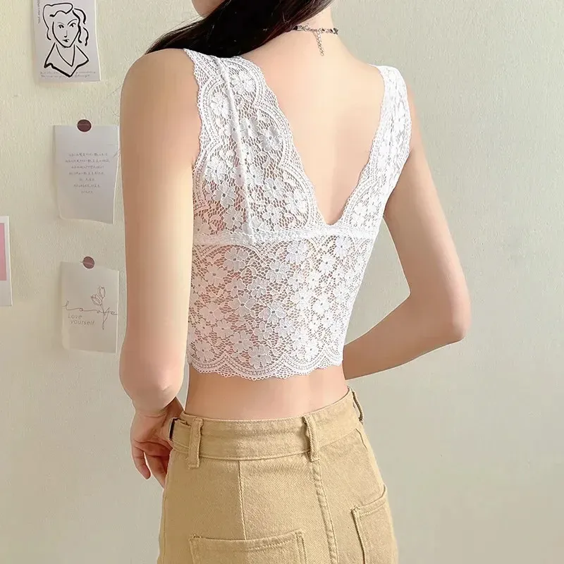 Women's Deep V Neck Lace Bralette Padded Camisole Tank Top - Sexy Wire-Free Lingerie with V-Back Design for Everyday Comfort showcase 3