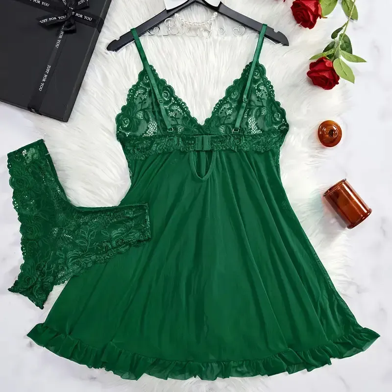 Plus Size Women's Sexy Lace Lingerie Set - Suspender Nightgown & Thong - Erotic Bra Nightdress Accessories showcase 17