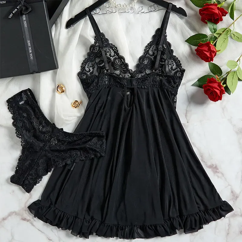 Plus Size Women's Sexy Lace Lingerie Set - Suspender Nightgown & Thong - Erotic Bra Nightdress Accessories showcase 3