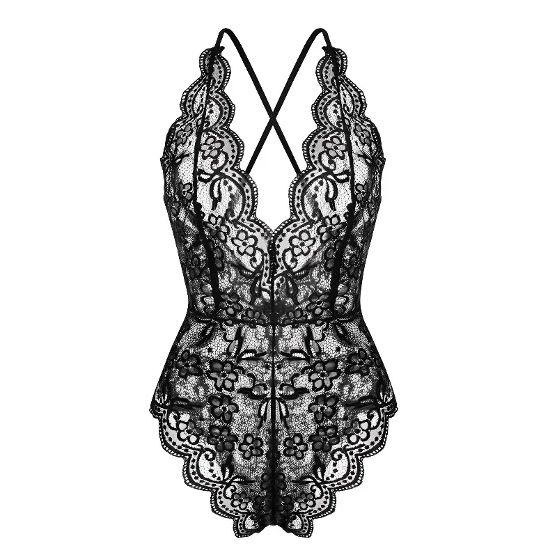 Women's Sexy Lace Fishnet Bodysuit Lingerie Set, Floral Deep V Perspective Sleepwear, Transparent One-Piece Bra and Panty Set thumbnail 5