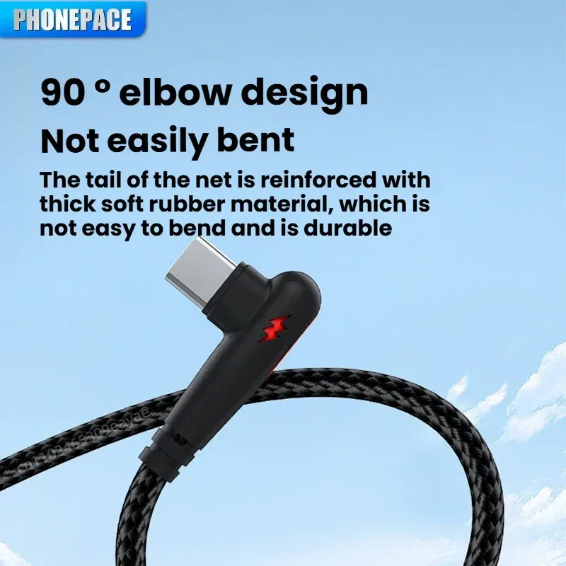 PHONEPACE 120W Braided 90 Degree USB-C Fast Charging Cable for Samsung, Xiaomi, Pixel - High-Speed Data Transfer, Durable Tangle-Free Nylon, Right Angle Design for Gaming & Tight Spaces thumbnail 1