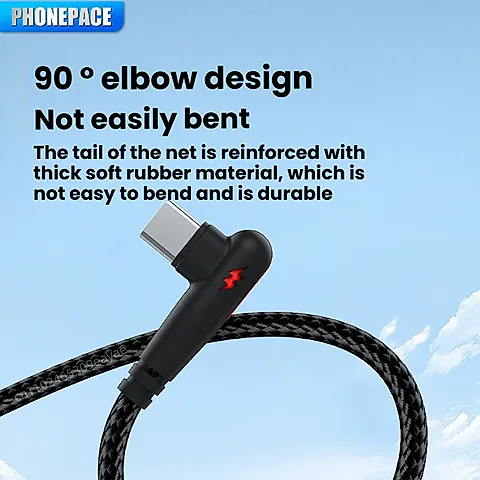 PHONEPACE 120W Braided 90 Degree USB-C Fast Charging Cable for Samsung, Xiaomi, Pixel - High-Speed Data Transfer, Durable Tangle-Free Nylon, Right Angle Design for Gaming & Tight Spaces