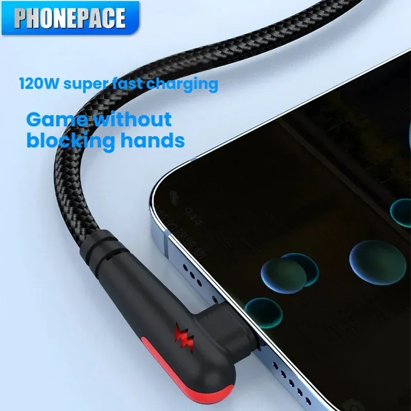 PHONEPACE 120W Braided 90 Degree USB-C Fast Charging Cable for Samsung, Xiaomi, Pixel - High-Speed Data Transfer, Durable Tangle-Free Nylon, Right Angle Design for Gaming & Tight Spaces thumbnail 4