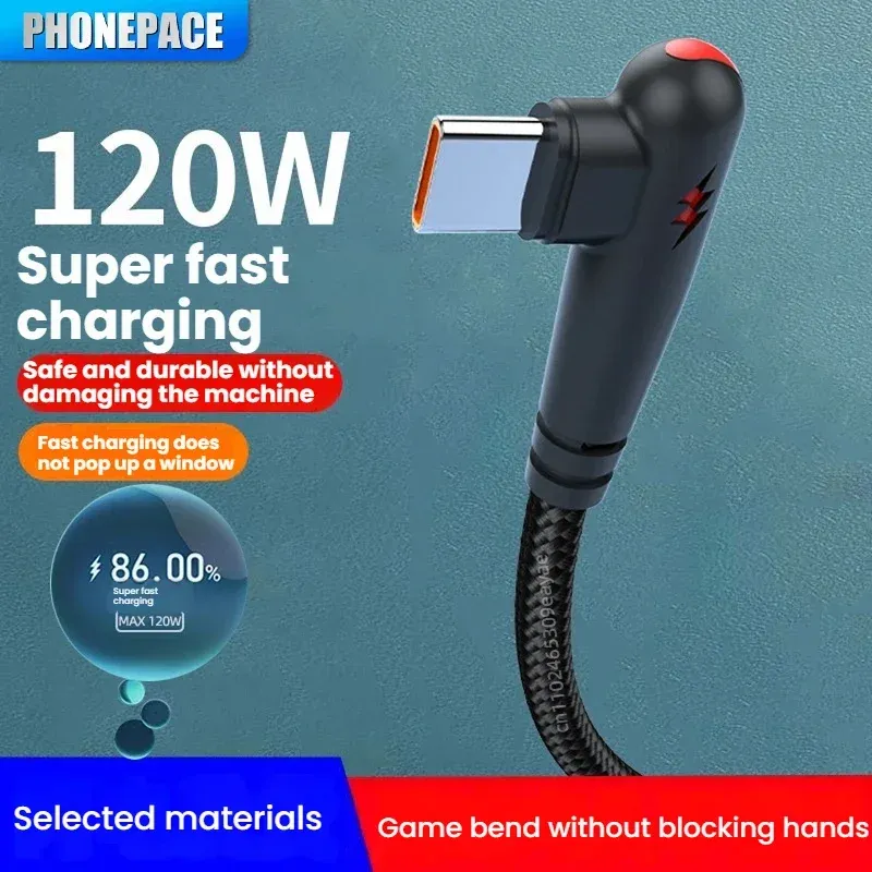 PHONEPACE 120W Braided 90 Degree USB-C Fast Charging Cable for Samsung, Xiaomi, Pixel - High-Speed Data Transfer, Durable Tangle-Free Nylon, Right Angle Design for Gaming & Tight Spaces thumbnail 3