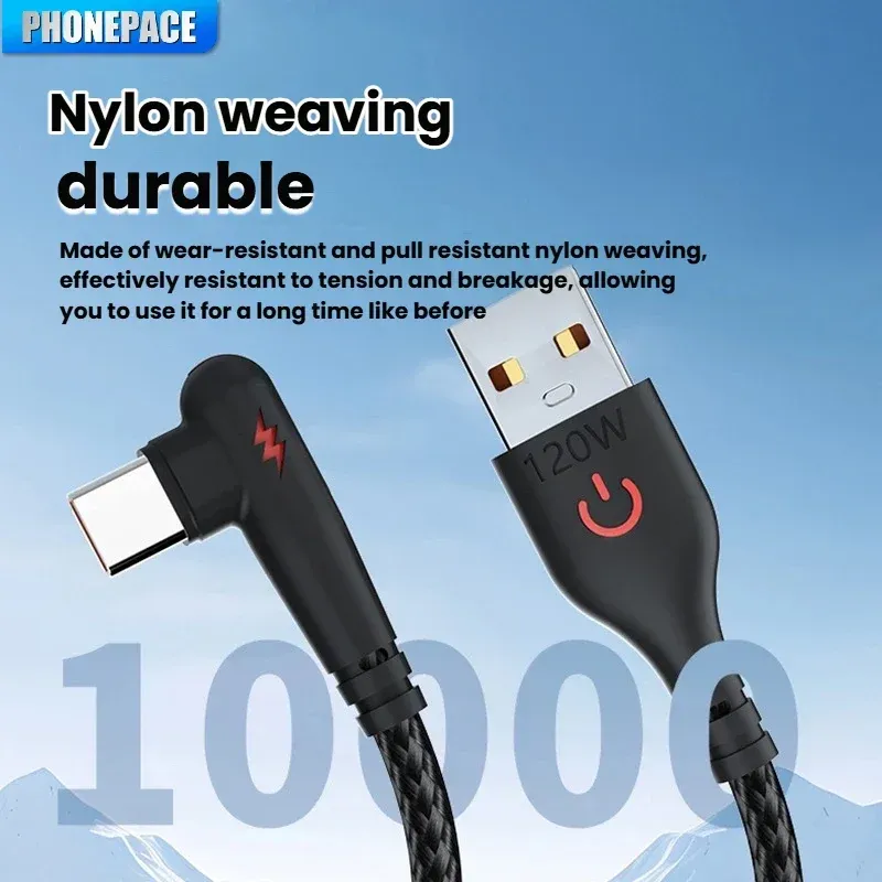 PHONEPACE 120W Braided 90 Degree USB-C Fast Charging Cable for Samsung, Xiaomi, Pixel - High-Speed Data Transfer, Durable Tangle-Free Nylon, Right Angle Design for Gaming & Tight Spaces thumbnail 2
