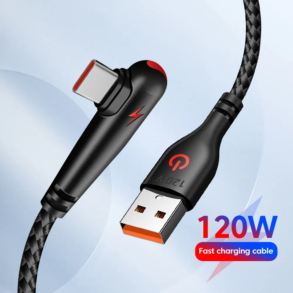 120W USB-C Fast Charging Cable 90 Degree Angle, Quick Charge Data Wire for OPPO, Samsung S21, Xiaomi 14, iPhone 15, Universal Android & iOS Devices showcase 1