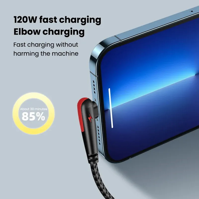 120W USB-C Fast Charging Cable 90 Degree Angle, Quick Charge Data Wire for OPPO, Samsung S21, Xiaomi 14, iPhone 15, Universal Android & iOS Devices thumbnail 2