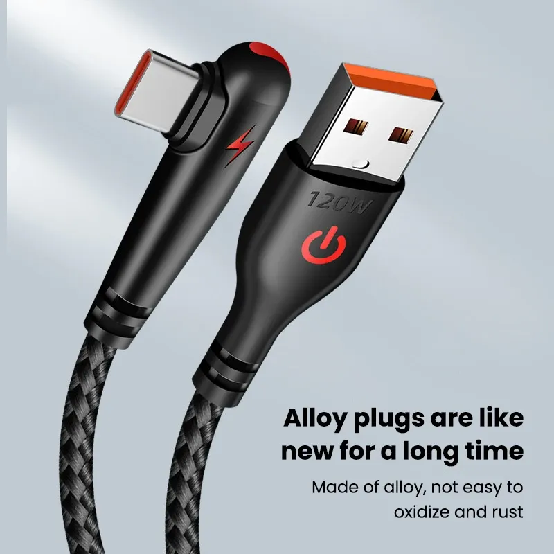 120W USB-C Fast Charging Cable 90 Degree Angle, Quick Charge Data Wire for OPPO, Samsung S21, Xiaomi 14, iPhone 15, Universal Android & iOS Devices thumbnail 3