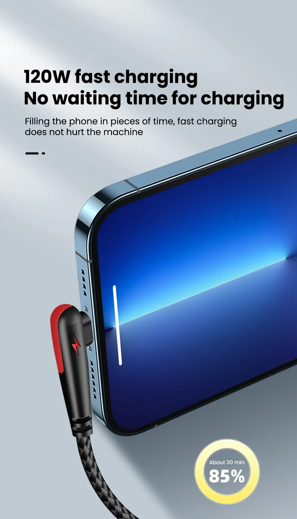 120W USB-C Fast Charging Cable 90 Degree Angle, Quick Charge Data Wire for OPPO, Samsung S21, Xiaomi 14, iPhone 15, Universal Android & iOS Devices showcase 5