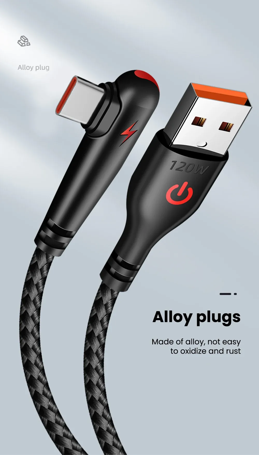 120W USB-C Fast Charging Cable 90 Degree Angle, Quick Charge Data Wire for OPPO, Samsung S21, Xiaomi 14, iPhone 15, Universal Android & iOS Devices showcase 9