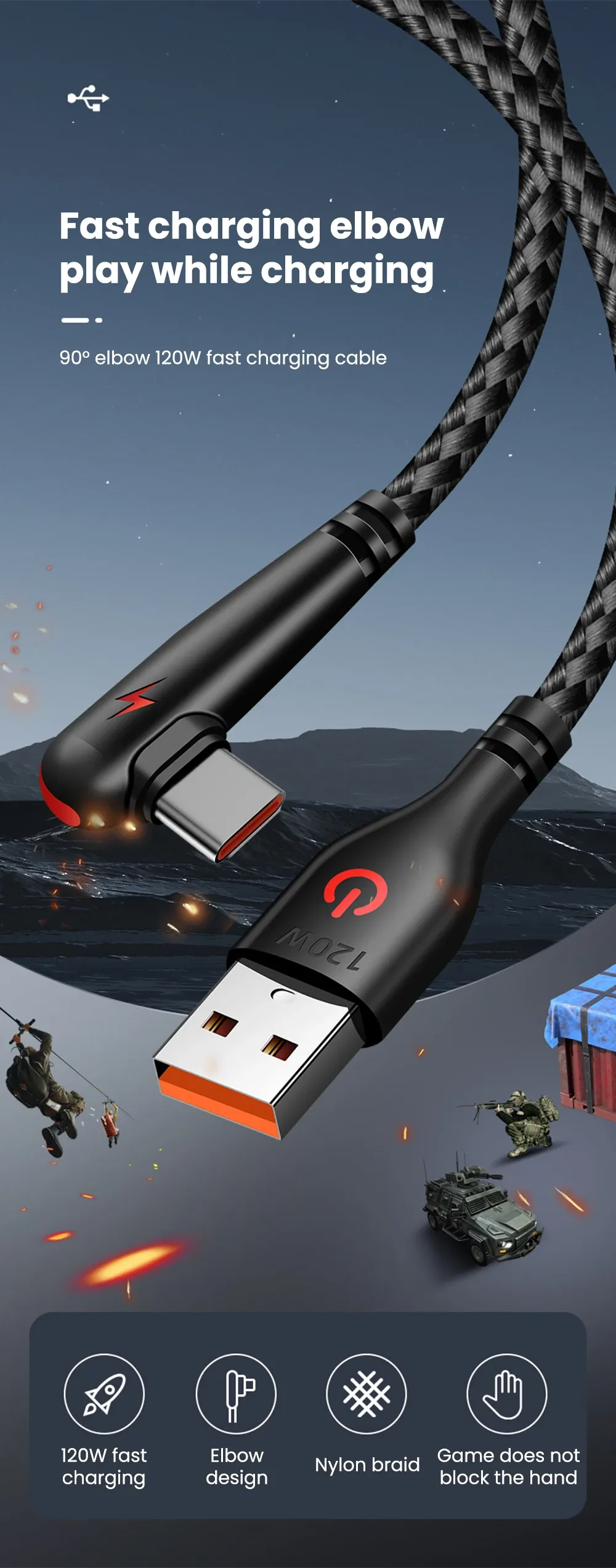 120W USB-C Fast Charging Cable 90 Degree Angle, Quick Charge Data Wire for OPPO, Samsung S21, Xiaomi 14, iPhone 15, Universal Android & iOS Devices showcase 2