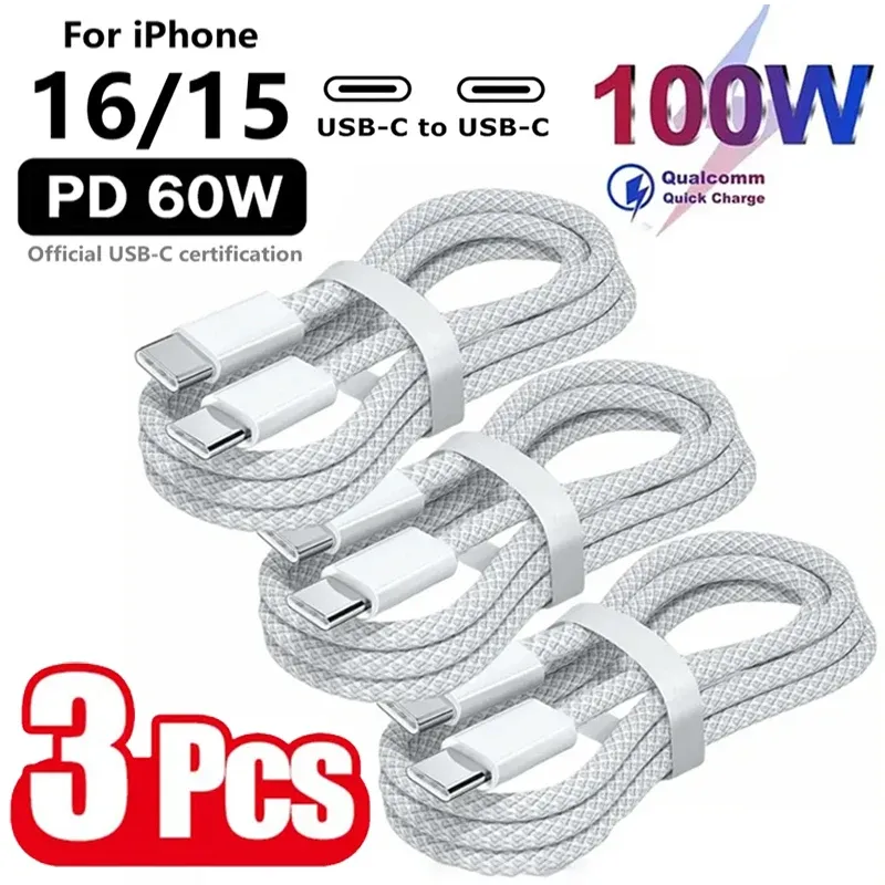 3-Pack 100W USB-C to USB-C Fast Charging Cables for iPhone 16, Samsung, Xiaomi, Huawei - PD Power Delivery Data Sync Cord for Laptops, Tablets, Phones thumbnail 1