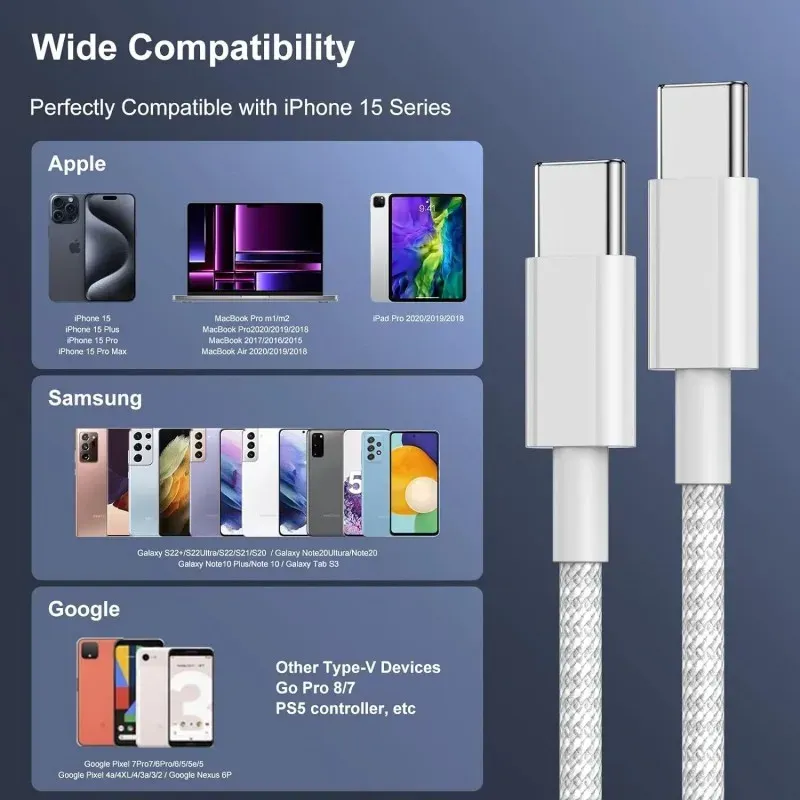 3-Pack 100W USB-C to USB-C Fast Charging Cables for iPhone 16, Samsung, Xiaomi, Huawei - PD Power Delivery Data Sync Cord for Laptops, Tablets, Phones thumbnail 5