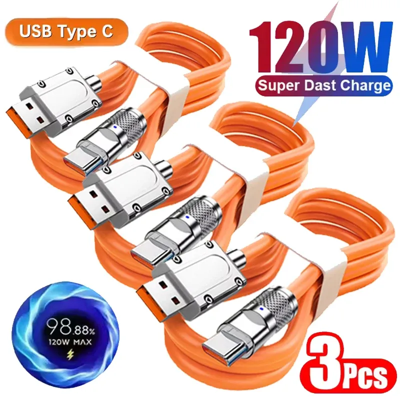 3PCS 120W Super Fast Charge USB-C Cable, Liquid Silicone Data Wire for Xiaomi, Huawei, Samsung Phones - Quick Charge Type-C Data Line thumbnail 1