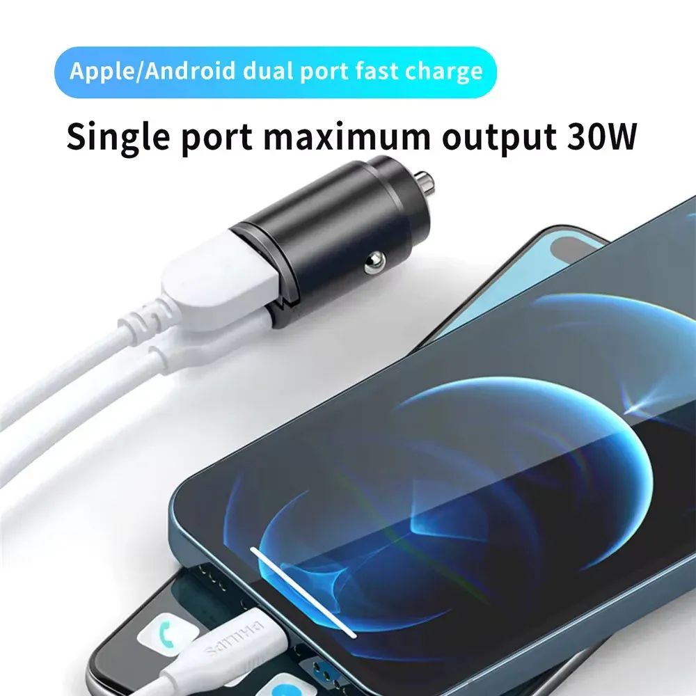 100W/200W QC3.0 PD Mini Car Charger with Dual USB Type-C Ports, Fast Charging for iPhone, Samsung, Xiaomi, Huawei - 12-24V Lighter Adapter thumbnail 3