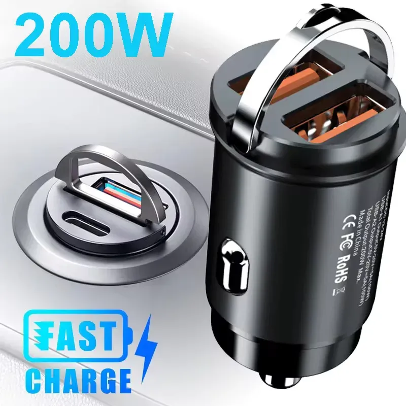 100W/200W QC3.0 PD Mini Car Charger with Dual USB Type-C Ports, Fast Charging for iPhone, Samsung, Xiaomi, Huawei - 12-24V Lighter Adapter