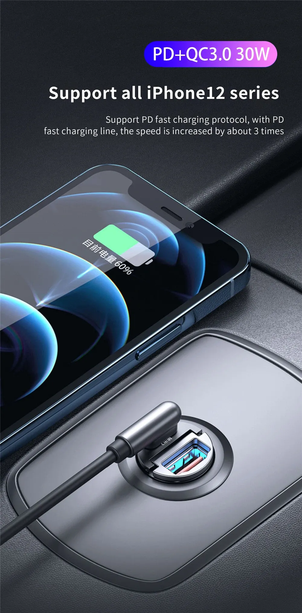100W/200W QC3.0 PD Mini Car Charger with Dual USB Type-C Ports, Fast Charging for iPhone, Samsung, Xiaomi, Huawei - 12-24V Lighter Adapter showcase 3