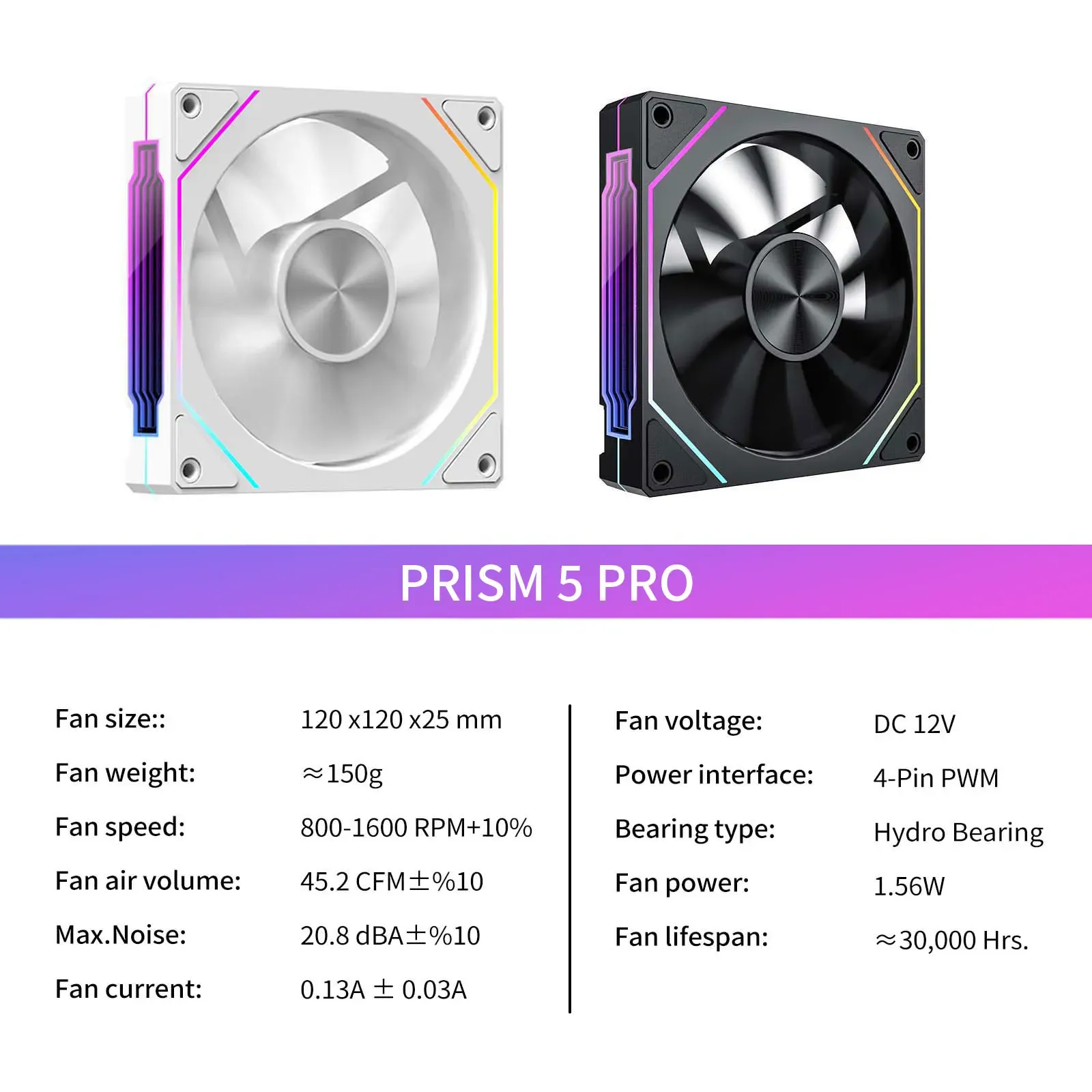 PRISM 5 PRO 12cm ARGB PWM Computer Case Fan - Quiet Cooling, Large Air Volume 45.2CFM, 600-1800RPM, 12V for PC Enthusiasts thumbnail 6