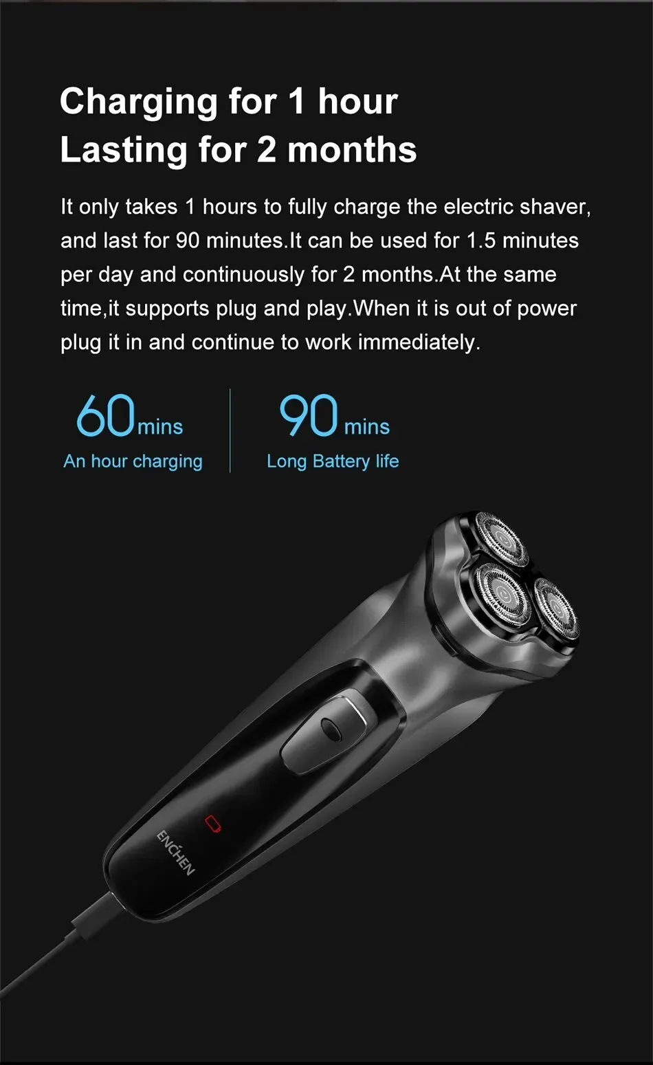 ENCHEN Blackstone 3D Electric Rotary Shaver for Men, Washable Type-C USB Rechargeable, 85 Min Runtime, Smart Shaving System, Anti-Pinch, Travel-Friendly Beard Trimmer showcase 7