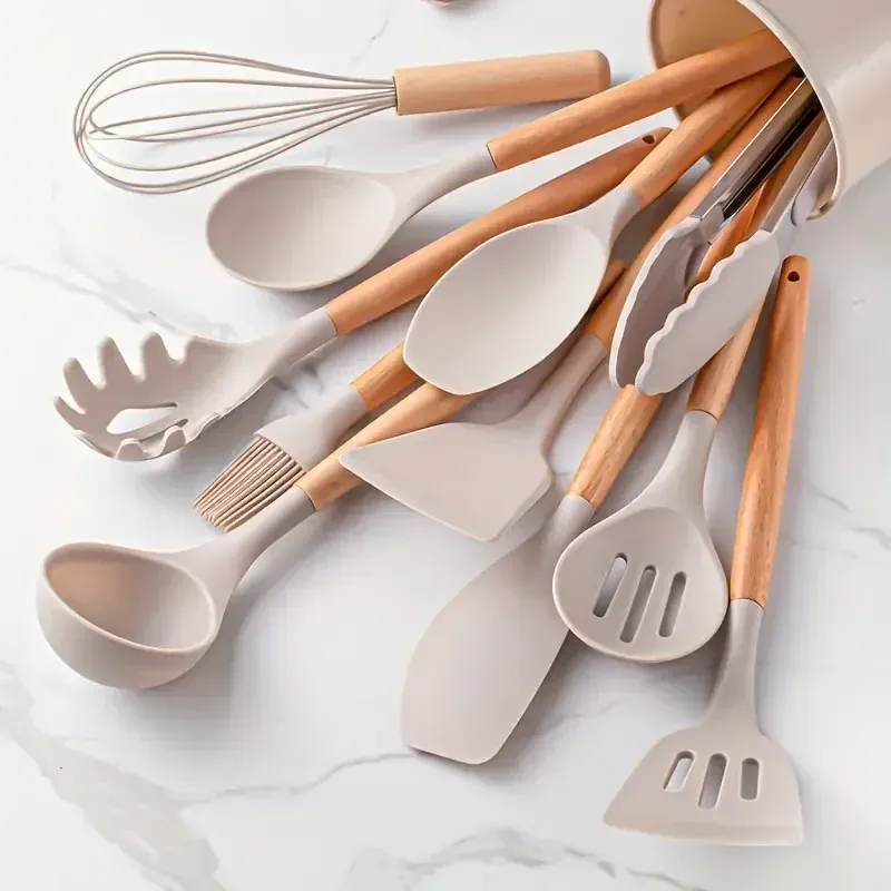 12-Piece Silicone Kitchen Utensil Set with Wooden Handles - Non-Stick Spatula & Spoon Cooking Tools, Heat-Resistant & Durable for Everyday Cooking thumbnail 1