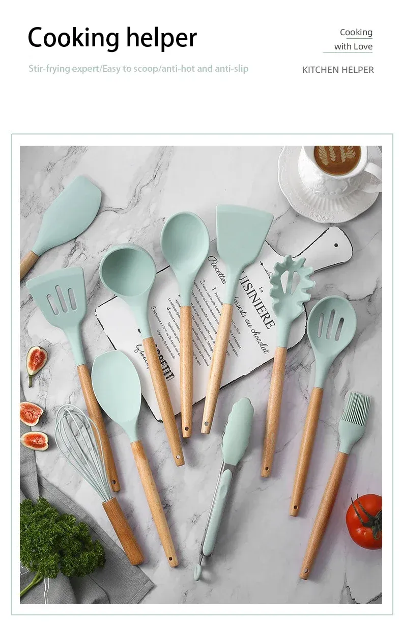 12-Piece Silicone Kitchen Utensil Set with Wooden Handles - Non-Stick Spatula & Spoon Cooking Tools, Heat-Resistant & Durable for Everyday Cooking showcase 1