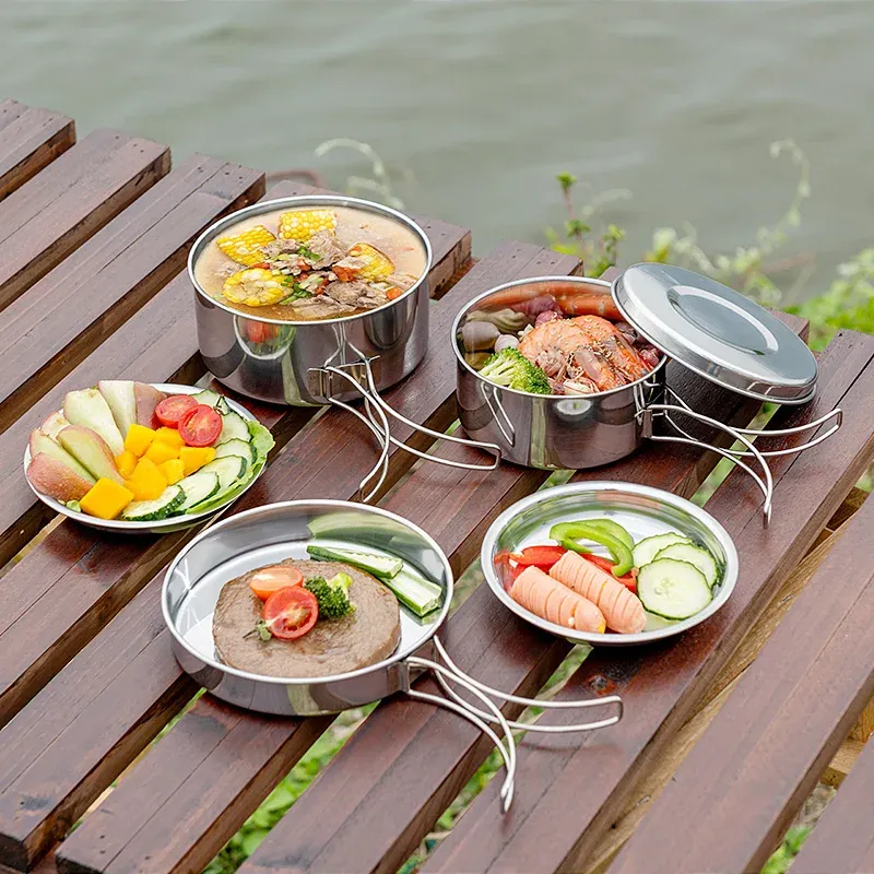 8-Piece Stainless Steel Camping Cookware Set for Outdoor Adventures - Portable Pot, Pan, Plates, Cups for Hiking & Backpacking showcase 8