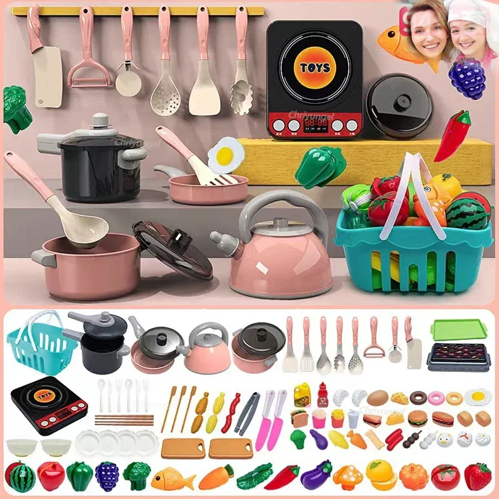 Kids Play Kitchen Toy Set - 92/69/59 PCS Pretend Food Cooking Accessories Kit with Pots, Pans, Utensils & Realistic Food for Toddlers, Girls & Boys - Educational Role Play Gift
