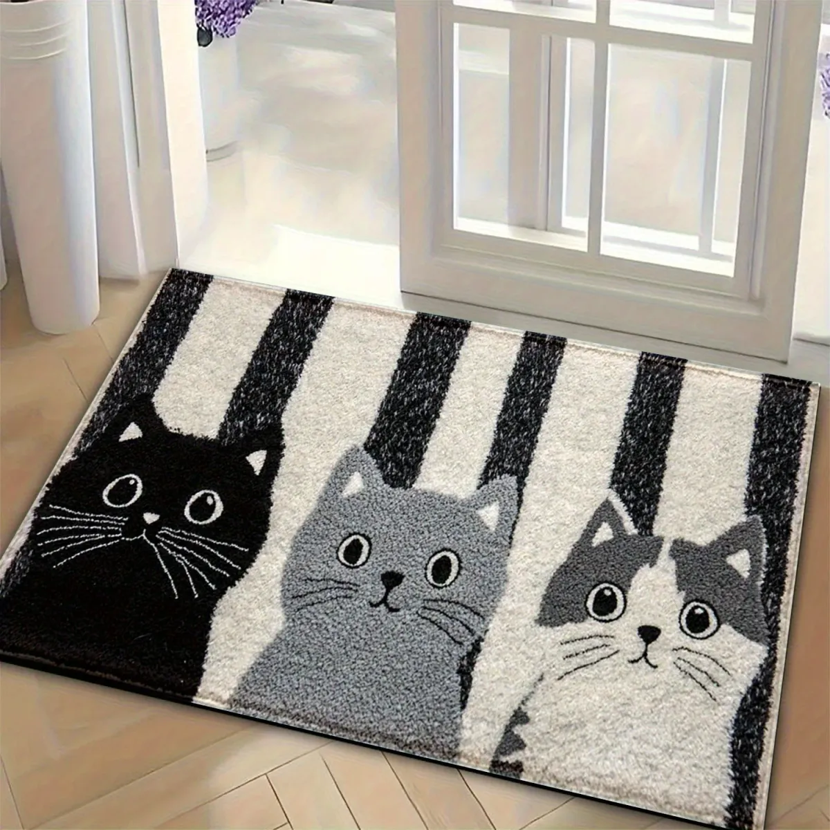 VIKAMA Striped Cartoon Cat Soft Doormat - Waterproof Floor Mat Rug for Bedroom, Living Room, and Outdoor Use - Durable Home Decor Accent showcase 4