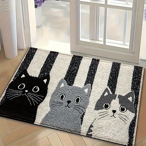 VIKAMA Striped Cartoon Cat Soft Doormat - Waterproof Floor Mat Rug for Bedroom, Living Room, and Outdoor Use - Durable Home Decor Accent